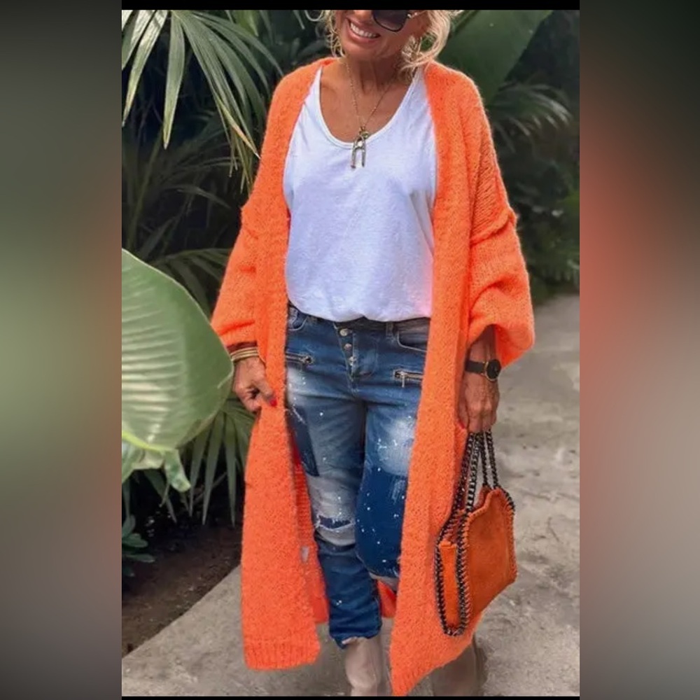 1093.  Love Peace Exposed Seam Sweater Long Cardigan - Orange - Picture 3 of 4